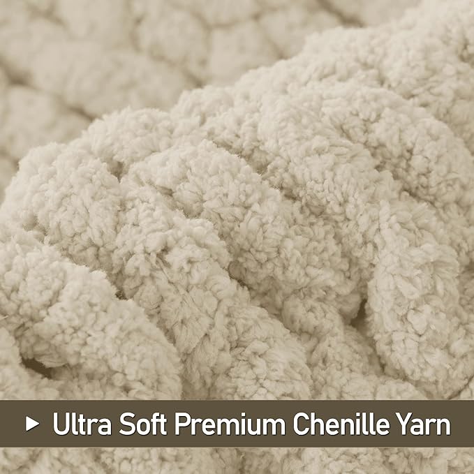 Chunky Knit Throw Blanket 50"X 60", 100% Handmade with Soft Chenille Yarn, 4.4lbs Thick Cable Knitted Blankets, Large Rope Knot Crochet Throws for Couch Sofa Bed Home Decor, Beige