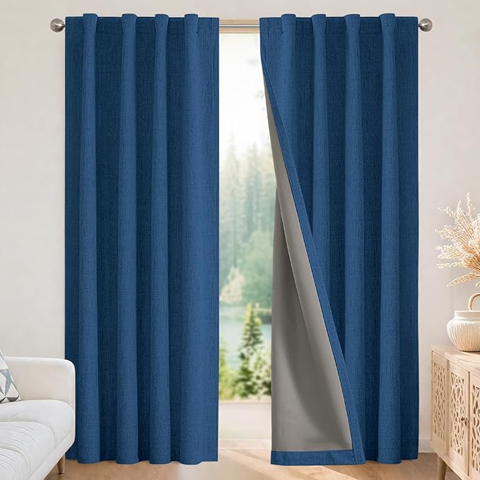 Joydeco Blackout Curtains for Bedroom - 120 Inch Long 100% Light Blocking 2 Panels Navy Blue Drapes, Thermal Insulated Room Darkening Curtains, Linen Textured for Living Room, Rod Pocket & Back Tabs