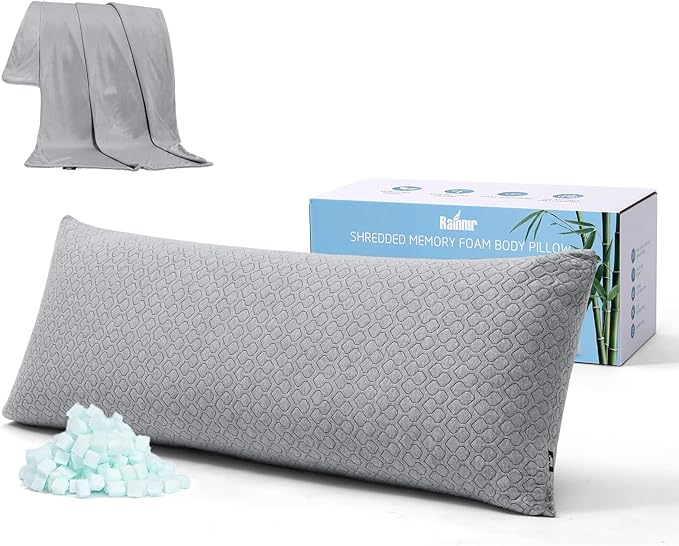 Thick Memory Foam Body Pillow - Full Body Pillows for Side Sleeper - with Grey Cooling Pillowcase 20 x 54 inches (Grey Color)