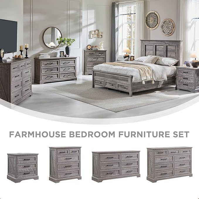 JXQTLINGMU Farmhouse 6 Drawers Dresser for Bedroom, 52'' Wide Large Wood Dressers with Bar Handles, Chests of Drawers with Storage Dressers Organizer for Bedroom, Hallway, Grey
