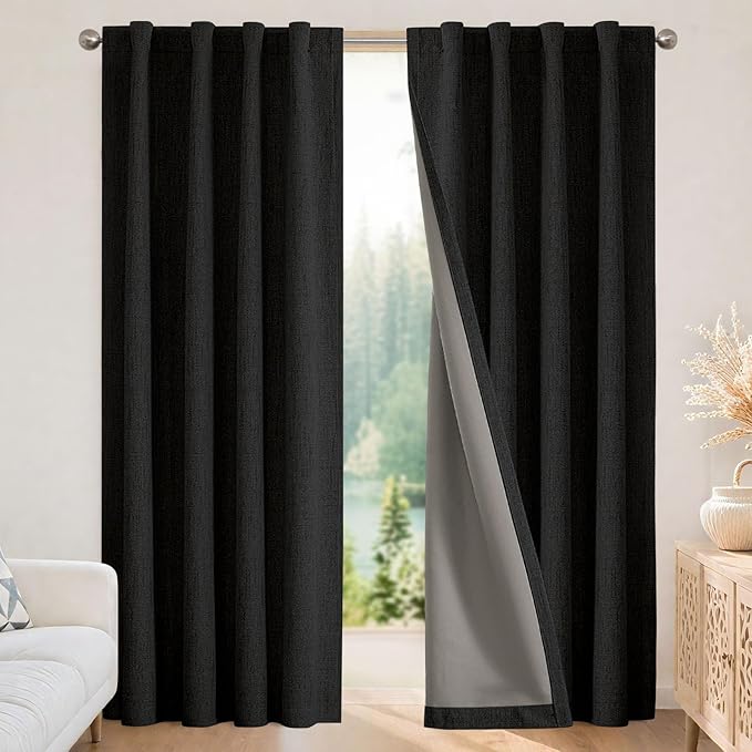 Joydeco Linen Blackout Curtains for Bedroom - 100% Light Blocking 1 Panels, Black Drapes 100" W x 96" L, Thermal Insulated Room Darkening Curtains for Living Room, Rod Pocket & Back Tabs