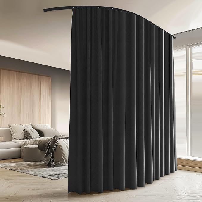 Room Divider Curtains with Ceiling Curtain Track Set Window Curtain for Bedroom,Living Room Total Blackout Thermal Insulated Privacy Ceiling Track Curtain W 15 × H 8 FT Black drape&Black track