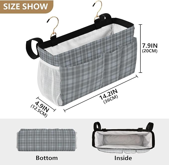 Bedside Caddy Hanging Bunk Bed Caddy Bed Organizer Hanging Pocket with 2 Hooks Bedside Storage Organizer Pocket Bag Holder Grey Plaid
