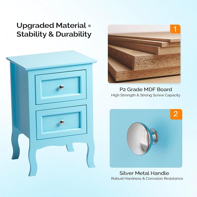 Bonnlo Nightstand Set of 2, Nightstands with 2 Drawers, Blue Nightstand, Bed Side Table/Night Stand, Small Nightstands for Bedroom, Small Spaces, College Dorm, Kids’ Room,Living Room, Wood,16W*12D*24H