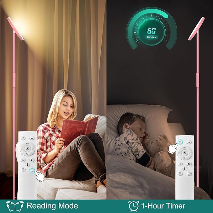 Pink Floor Lamp, 40W Super Bright Floor Lamps for Living Room Bedroom with Remote & Timer, Torchiere LED Floor Lamp 2700K-6500K Stepless Dimmable, Tall Standing Light Works with Smart Plug