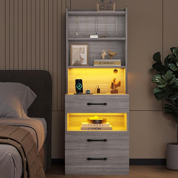VIAGDO Tall Nightstand Set of 2 with Charging Station and LED Lights, Grey Night Stand Set 2 with Bookshelf, Modern LED Bedside Tables with 3 Drawers and Storage Shelves, Side Tables for Bedrooms