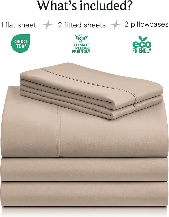 LuxClub 5 PC Split King Sheet Set, Deep Pockets Wrinkle Free Cooling Bed Sheets Hotel Bedding for Women, Men, Includes 2 Fitted Sheet, 1 Flat Sheet and 2 PillowcasesSoft Light Khaki
