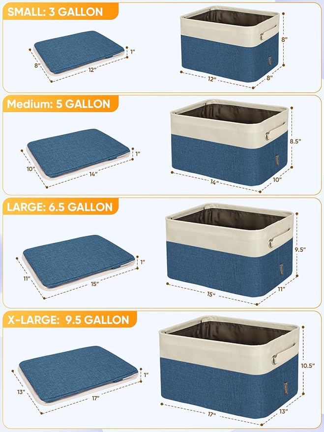 BALEINE 4 Pack Fabric Storage Bins for Shelves, Linen Storage Baskets for Organizing, Decorative Closet Bins for Clothes, Home (Navy Blue, 17''x13''x10.5'')