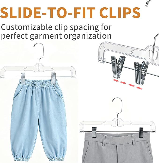 12 Pack Premium Clear Pants Hangers, Plastic Hangers with Adjustable Clips Non-Slip Clip 360° Swivel Hook for Pants, Trousers