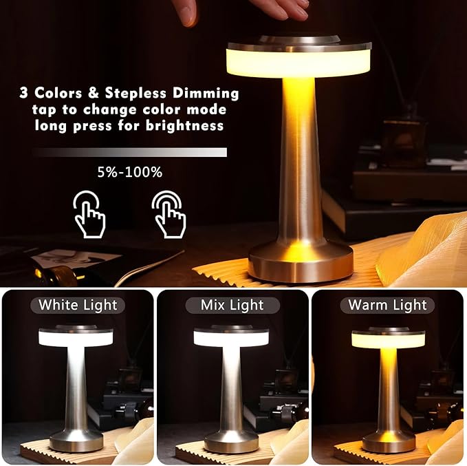 VIHOSE Cordless Table Lamps LED Portable Rechargeable Table Lamp with Touch Sensor 3 Color Dimming up to 15 Hours Battery Desk Light for Restaurant Nursery Living Room(Silver,12 Pcs)
