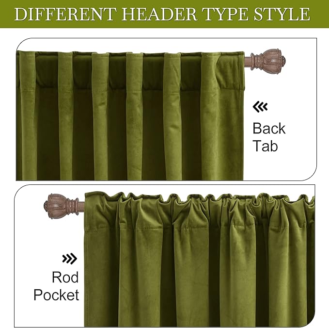 RYB HOME Moss Green Velvet Curtains 92 inches, Back Tab Soft Fabric Room Darkening Thermal Insulated Luxurious Home Decor Curtains for Living Room Bedroom, W 52" x L 92", 2 Panels Set