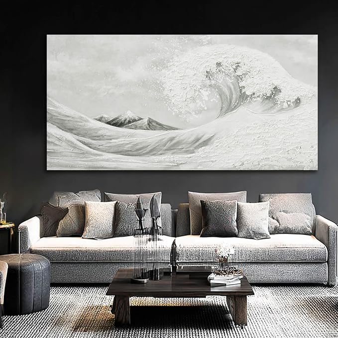 YETHEN WAL Neutral Grey Wave Wall Art – Textured Coastal Canvas Print with Hand-Painted Details, Minimalist Modern Seascape for Living Room Bedroom, 24×48 Inch