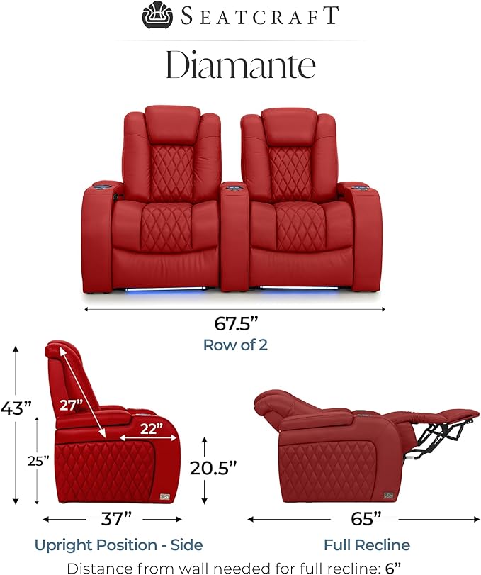 Seatcraft Diamante Zero-Gravity CoolZero Italian Leather Home Theater Seating, Power Headrest, Power Recline, Row of 2, Red