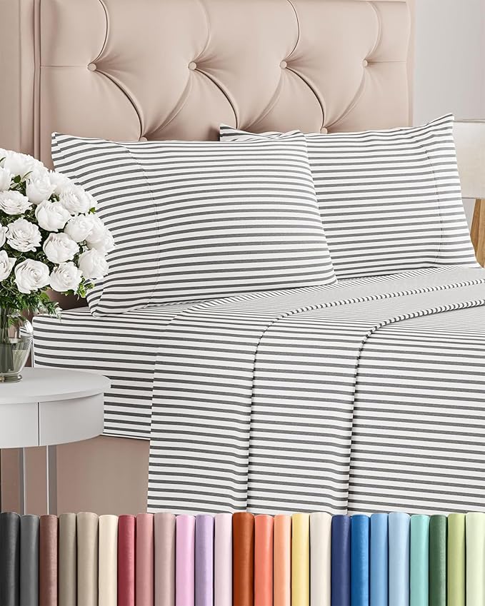 Twin XL 4 Piece Sheet Set - Cooling, Comfy & Breathable - Hotel Luxury Bedding Includes Fitted Sheet for Women, Men, Kids & Teens - 1 Flat, 1 Fitted Sheet, 2 Pillowcases w/Deep Pockets - Grey Stripes