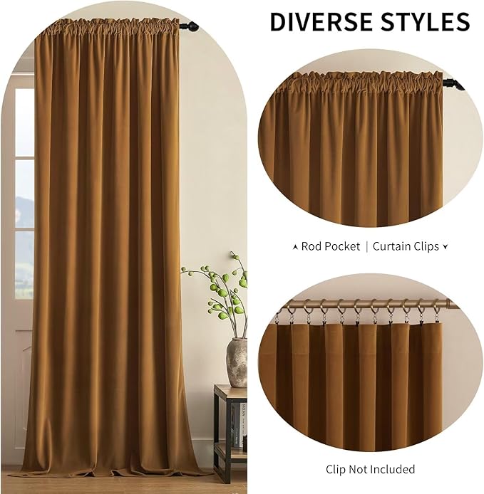 Joydeco Camel Brown Velvet Curtains 108 inch Length 2 Panels, Luxury Blackout Rod Pocket Thermal Insulated Window Curtains, Super Soft Room Darkening Drapes for Living Room Bedroom,W52 x L108 inches