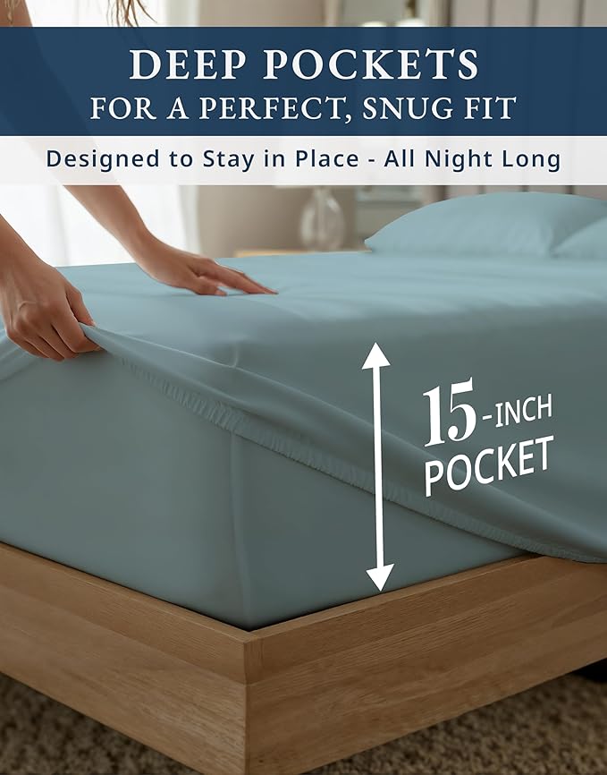 100% Egyptian Cotton Queen Size Sheet Set - 1000 Thread Count Silky Sateen Weave Naturally Breathable & Durable Winter Comfort, Hotel Soft Luxury Comfort with 15" Deep Pocket Queen Sheets -French Blue