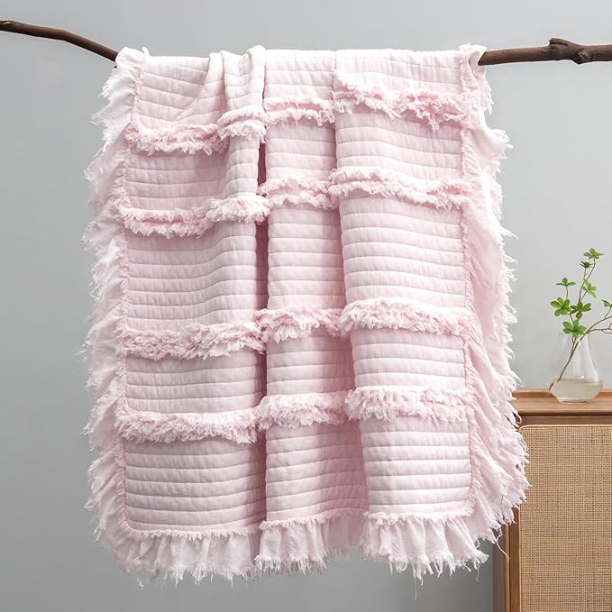 Ultra Soft Pre-Washed Quilted Boho Pink King Size Blankets for Bed, Ruffle Fringed Decorative Throw, Stone Washed Chic Rustic Blanket for Sofa Couch Bed, 104"*90"