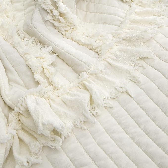 Ultra Soft Pre-Washed Warm Quilted Throw Blanket, Ruffle Fringed Cream Boho Decorative Throw, Stone Washed Chic Rustic Blanket for Sofa Couch Bed Chair, 50"x 60"