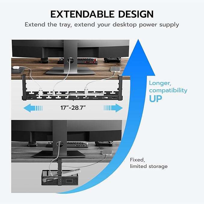 ARES WING 17"-28.7" Extendable Under Desk Cable Management Tray with Cable Slots, Clamp On Cord Organizer Holds Up to 11 lbs, Black Metal Under Desk Storage for Office and Gaming Accessories