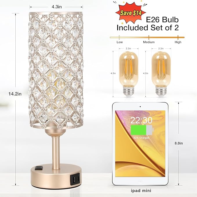 Touch Table Lamps for Bedrooms Set of 2-3 Way Dimmable Champagne Gold Crystal Lamps with Crystal Shade, Bedside Nightstand Lamp for Living Room Bedroom Home Office