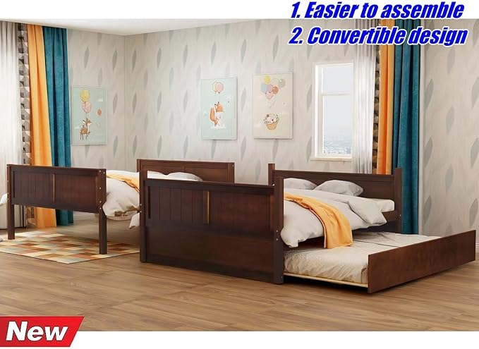 TSAMPA Latest Upgraded & Stronger Heavy Duty Solid Wood Full Over Full Bunk Bed with Trundle, Thickened Safer Convertible Bunkbed Frame (Easier to Assemble) (Walnut)