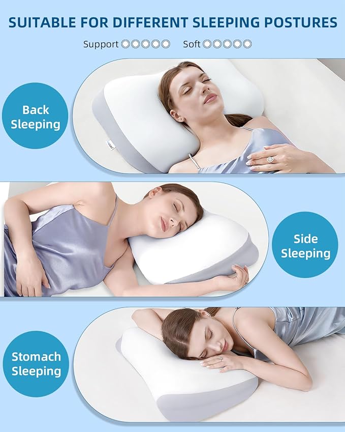 Sleep Pillow Ergonomic Contour Design Cooling Memory Foam Pillows for Neck Support, Side & Back Sleepers White Gray