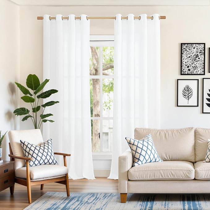 YoungsTex White Linen Curtains for Living Room 90 Inches Long 2 Panels Set, Extra Long Semi Sheer Drapes with Bronze Grommet Light Filtering for Bedroom Dining Room, 52 x 90 Inch