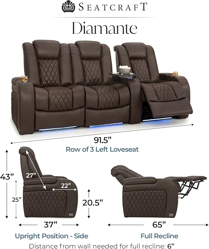 Seatcraft Diamante Zero-Gravity CoolZero Italian Leather Home Theater Seating, Power Headrest, Power Recline, Row of 3 Left Loveseat, Brown
