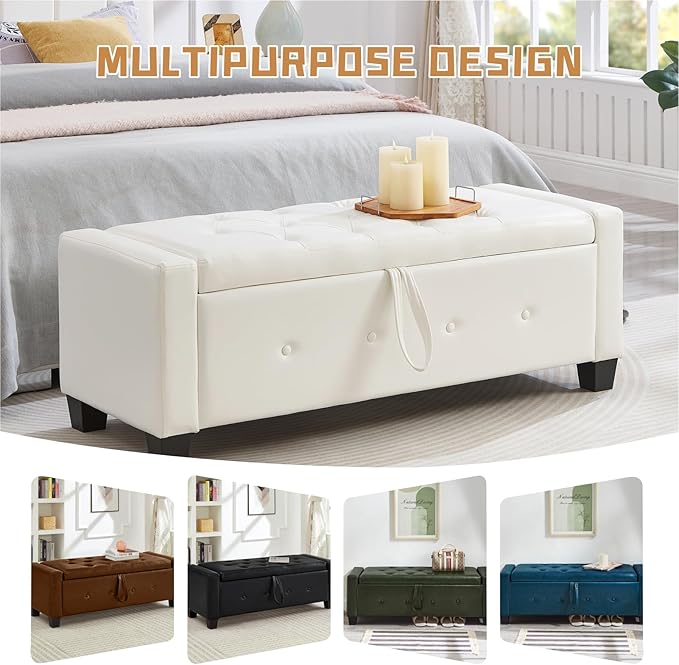 48” Storage Ottoman Bench, Upholstered Button-Tufted End of Bed Bench with Soft-Close Hinge & Solid Wood Legs, Foot Rest for Living Room, Bedroom, Hallway (Faux Leather, White)