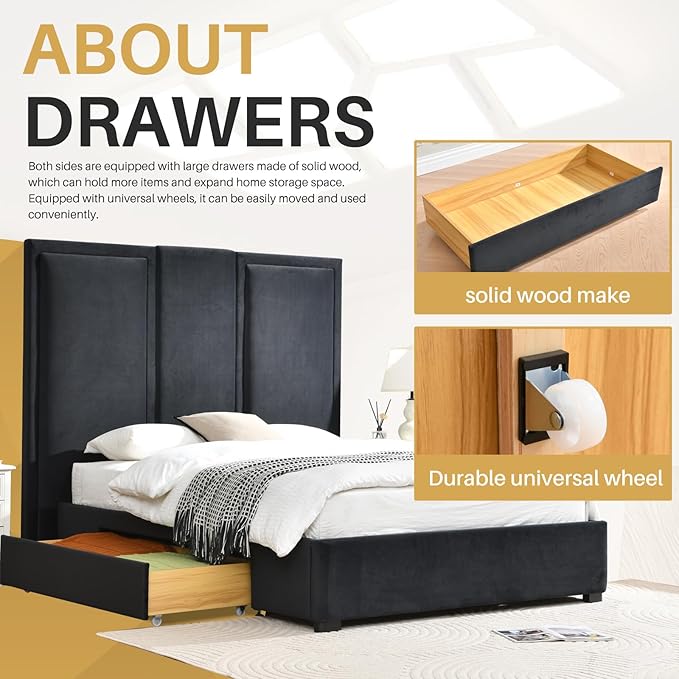 YUHUASHI Queen Size Bed Frame with 64-inch High Headboard, Simple and Airy Linen Upholstered Platform Bed with Storage Drawers, Wood Slat, No Noise (Ink Blue, Queen)