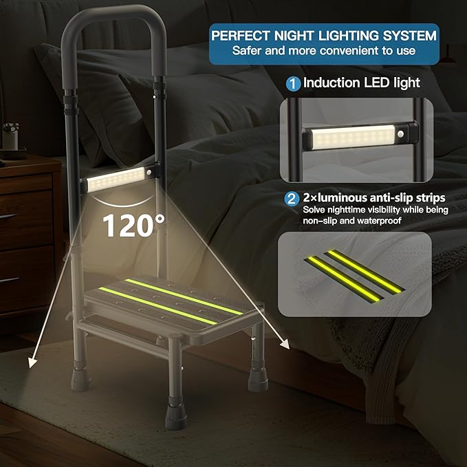 Packve Step Stool with Handle for Elderly, Adjustable Handrail & Leg, Sensor Light, Medical Stepping Stools for High Bed Mobility & Daily Living Aids, Bedside Car Stair Lift for Senior Adults 350lbs