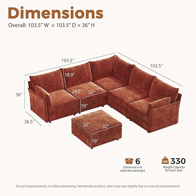 ABCASA 103.5" Oversized Modular Sectional Sofa, L Shaped Convertible Couch with Movable Ottoman, Large 6 Seat Corner Couches for Living Room Deep Seat- Terracotta Orange Chenille