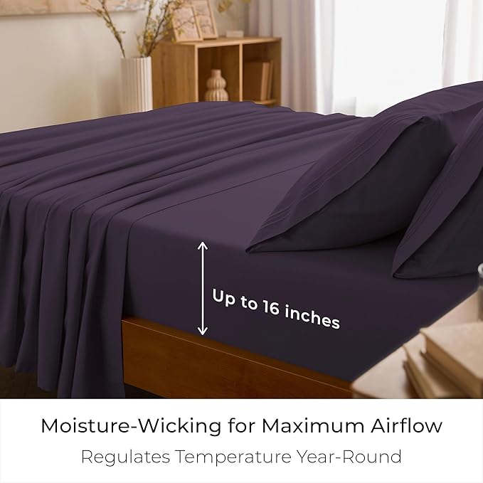 Mellanni California King Sheet Set - 6-Piece Iconic Collection Bedding, (Including 4 Pillowcases), 16-Inch Deep Pocket, Easy Care, Extra Soft, Cooling Sheets, Brushed Microfiber - Purple