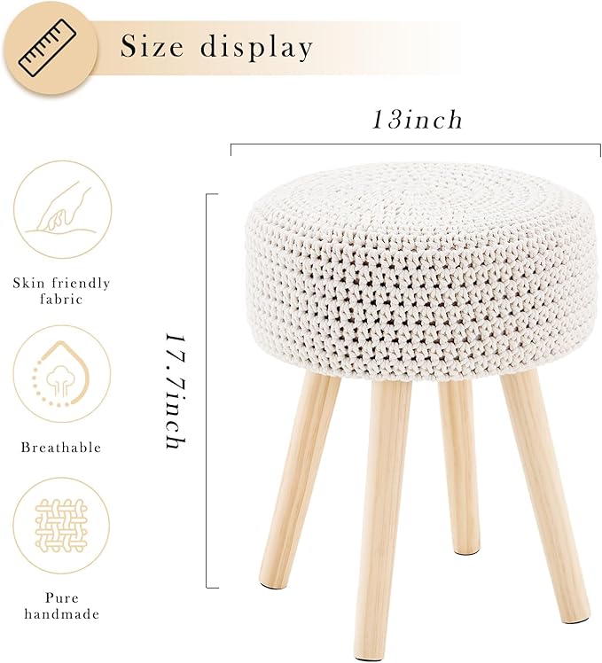 LGENHOOM Cotton Knitted Ottoman Round Footstool Vanity Stool Modern Stool Ottoman Footrest Stool with Non-Skid Wood Legs for Living Room Bedroom White