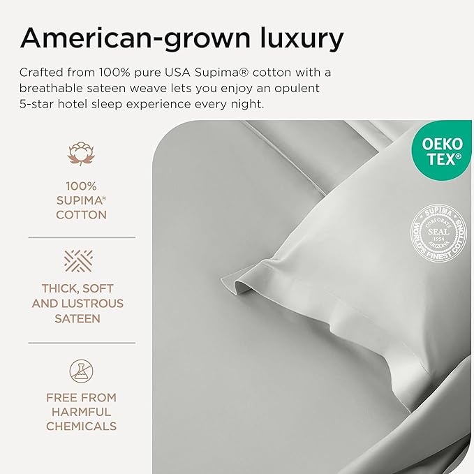 Threadmill Luxury Supima Cotton Sheets, Luxury 1200 Thread Count Soft 100% Cotton Sheets for Full Size Bed, 4 Pc Light Grey Bed Sheets Full Set, 5-Star Hotel Quality Deep Pocket Bed Sheets Set