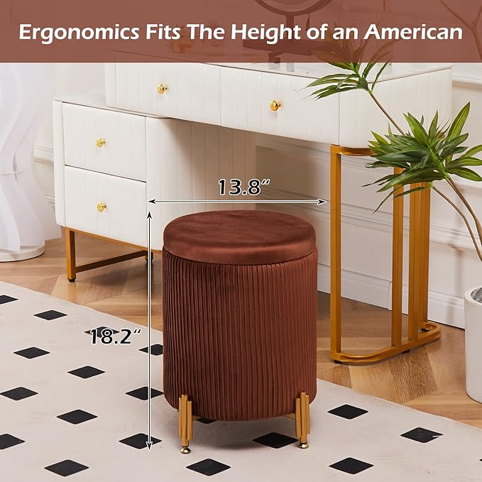 Mxfurhawa Round Ottoman Foot Stool with Storage and Metal Legs for Living Room Bedroom, Velvet Upholstered Footrest Stool Support 300lbs Modern Padded Seat Ottoman Coffee Table (Caramel)