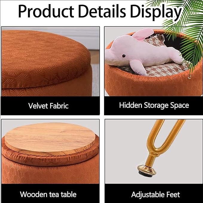 Cpintltr Modern Velvet Foot Rest Stool Upholstered Round Storage Ottomans Multipurpose Dressing Stools Luxury Home Decor Ottoman Coffee Table Top Cover Footstool with Metal Legs Pumpkin Brown