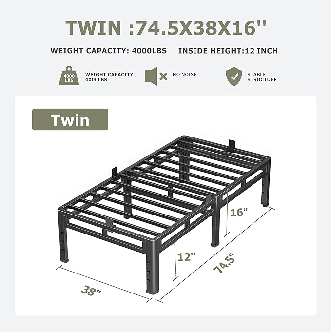 NKZ Twin Size Bed Frame 16 Inch, Metal Bed Frame & Box Spring 2 in 1 Platform with Round Corner Legs, 4000lbs Weight Capacity Reinforced Metal Frame, Headboard Hole, Noise-Free, Easy Assembly