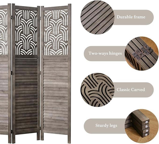 Svimi Folding Room Divider, 66.9 Inch 4 Panels Wood Carved Privacy Screens, Free Assembled Freestanding Portable Separation Wall for Home Office Restaurant Bedroom (Gray)