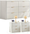 LEYAOYAO 48" Wide Fluted Dresser and 3 Drawers 23" Nightstand Set of 2,Wooden Dresser & Night Stand with Charging Station, 3 Piece Bedroom Furniture Set,Chest of Drawer for Living Room,Antique White
