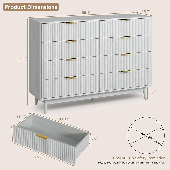 CARPETNAL Fluted 8 Drawer Dresser for Bedroom, 55" Wide Wooden Chest of Drawers with Rounded Corners, Gold Handles, Modern Storage Organizer for Bedroom, Hallway(White)