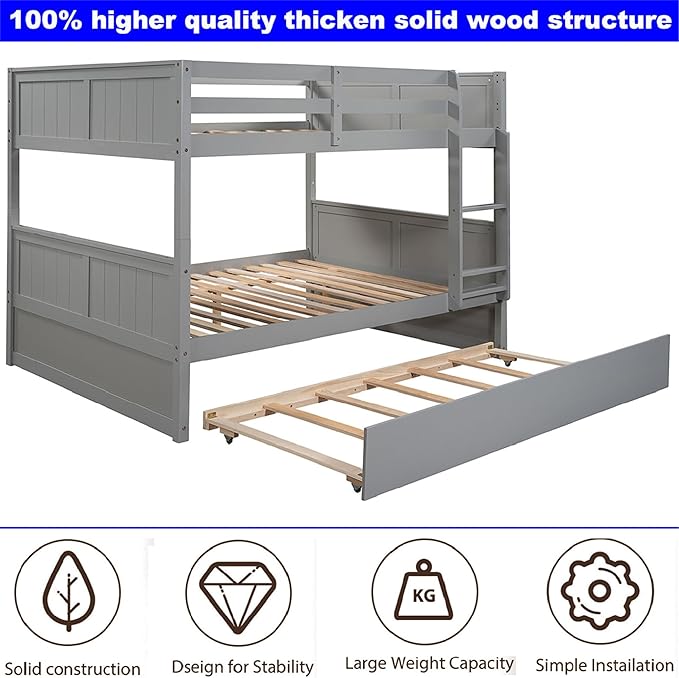 Upgraded Version Best Full Over Full Bunk Bed with Trundle, Thicken Solid Wood Full Size Bunk Bed, Bunkbed Frame Full Over Full, Convertible to 2 Beds, Easy Assembly for Adults (Grey)