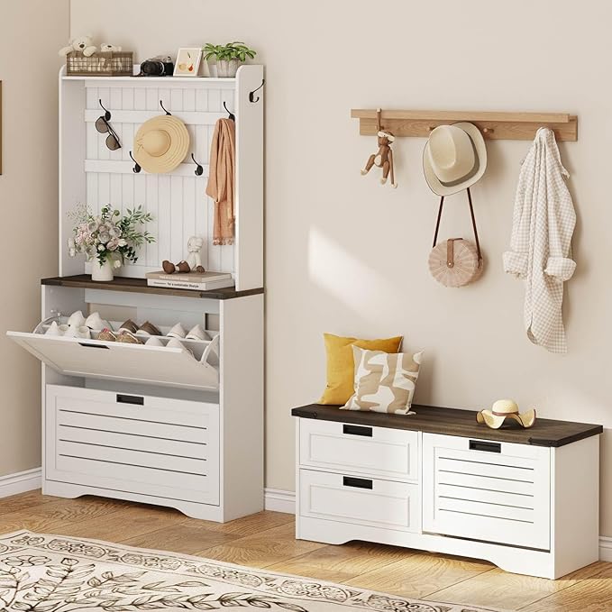 FATORRI Shoe Storage Bench, Entryway Bench with Flip Drawer, Wooden Entry Way Shoe Cabinet for Living Room Hallway (Walnut Brown+White Oak)