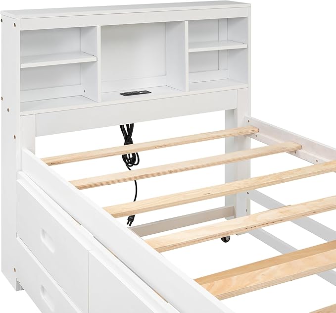 Platform Bed with Storage Headboard, USB, Twin Size Trundle and 3 Drawers, Twin Size, White