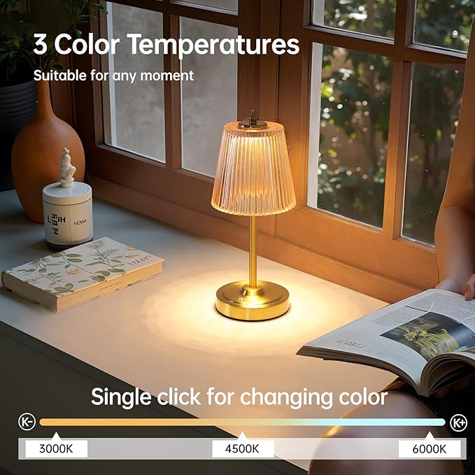 Small Table Lamp with 5200mAh Battery & Touch Control - 3 Adjustable Color Temperatures, Dimmable Rechargeable Table Lamps for Living Room, Bedroom, Bedside (Amber Stripe)