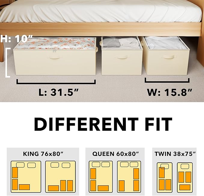 SpaceAid 3 Pack 10" High Under Bed Storage Containers, Large Underbed Storage Organizer Bins with Lids for Bedroom, Dorm, Clothes, Closet Organization, Bed Sheets and Blankets (Beige)