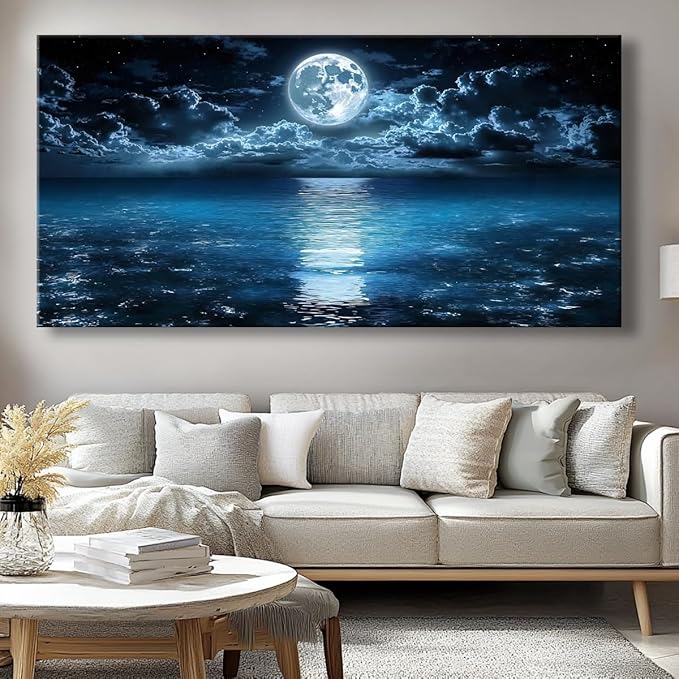 Huaaliunn Big Moon Canvas Wall Art - Modern Seascape Paintings for Living Room, Bedroom Wall Decor, Art for Home or Office Decoration, Large Wall Art 71"x36"