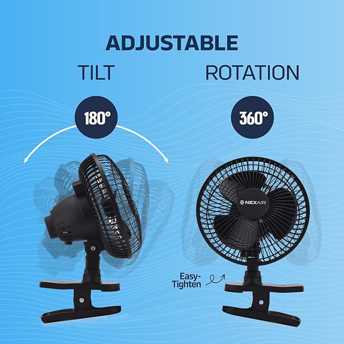 NEXAIR 6-Inch Portable Desk or Clip-on Fan with Two Quiet Speeds - Small Personal Cooling Fan for Desk, Home, Bedroom and Office, 180° Adjustable Tilt up- down 360° Rotation, Strong wide Clamp Grip
