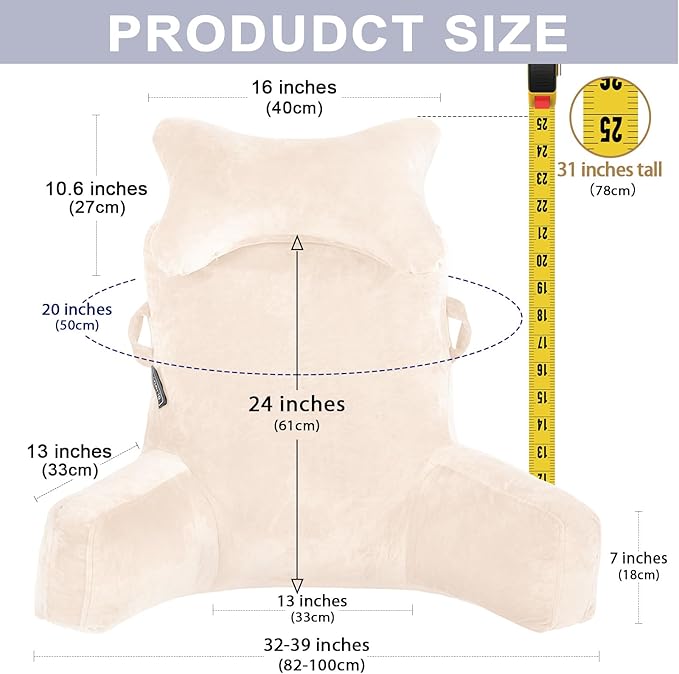 Reading Pillow-Extra Large 31" Bed Rest Pillow with Detachable Neck Roll & Arms for Sitting in Bed or Couch-Backrest Reading Pillow Adult Back Pillows for Reading/Watching TV/Gaming/Relaxing-Beige