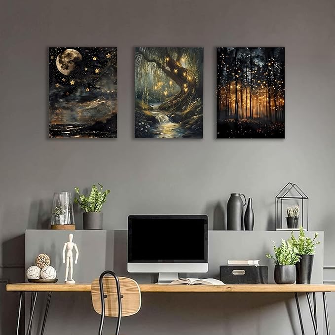 Tranquil Night Forest Framed Canvas Posters Set of 3 Wall art,Moon Fireflies Print Painting Home Décor Artwork,Creates Peaceful Ambiance Painting Artwork for Bedroom Living Room 16x24 inch Wood Framed